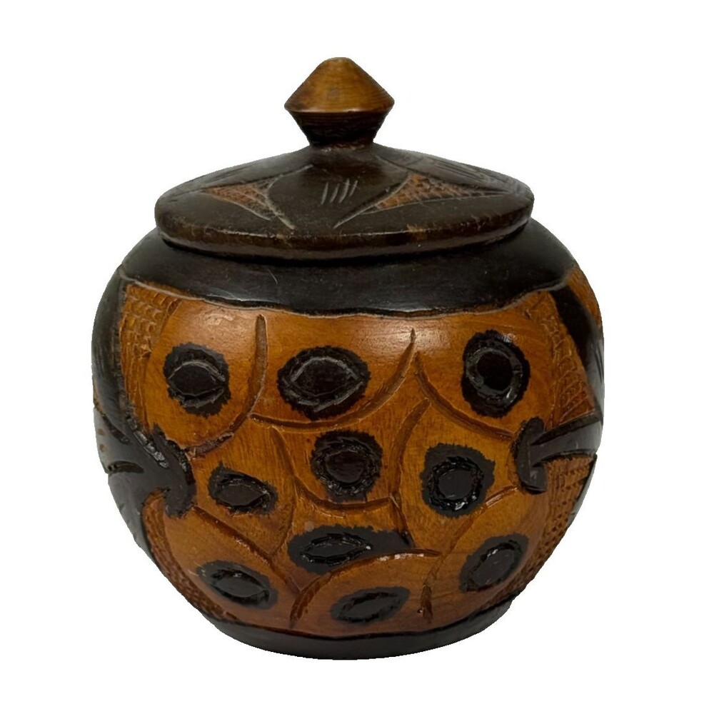 Vintage Carved Wood Jar Boho Botanical Lid Bowl Rustic Trinket Box Handcrafted‎